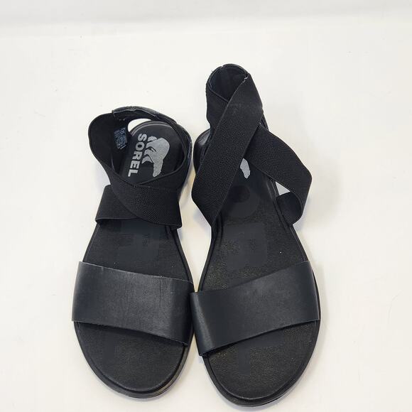 Sorel Women Ella Sandals Black Leather Size 6.5 Gladiator Stretch Straps Flats - Picture 2 of 8